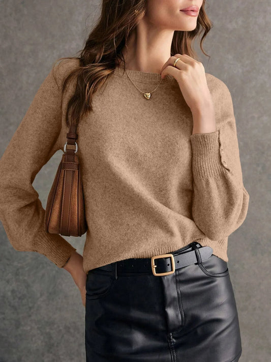 Crew Neck Long Sleeve Sweater Khaki / S 