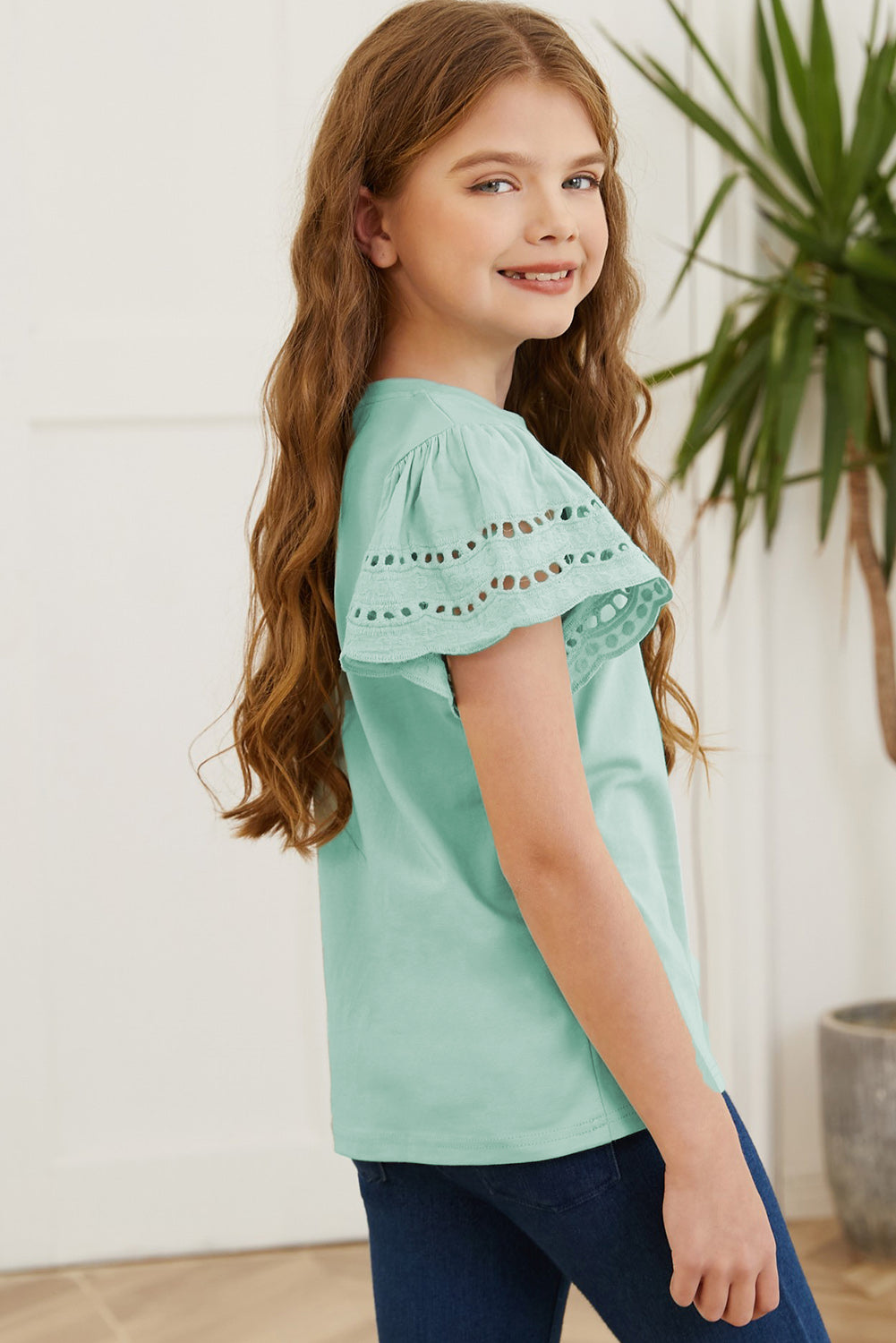 Round Neck Flutter Sleeve T-Shirt White / S 