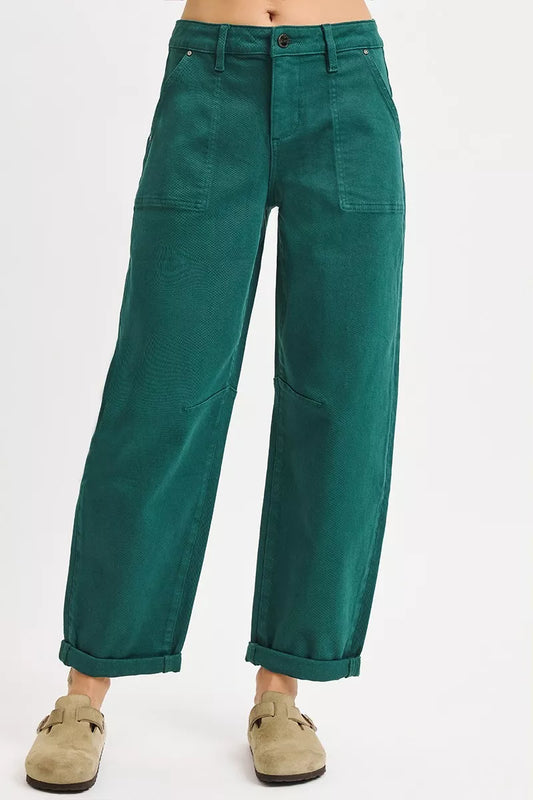 RISEN High Rise Ankle Cuffed Barrel Pants HUNTER GREEN / 0 