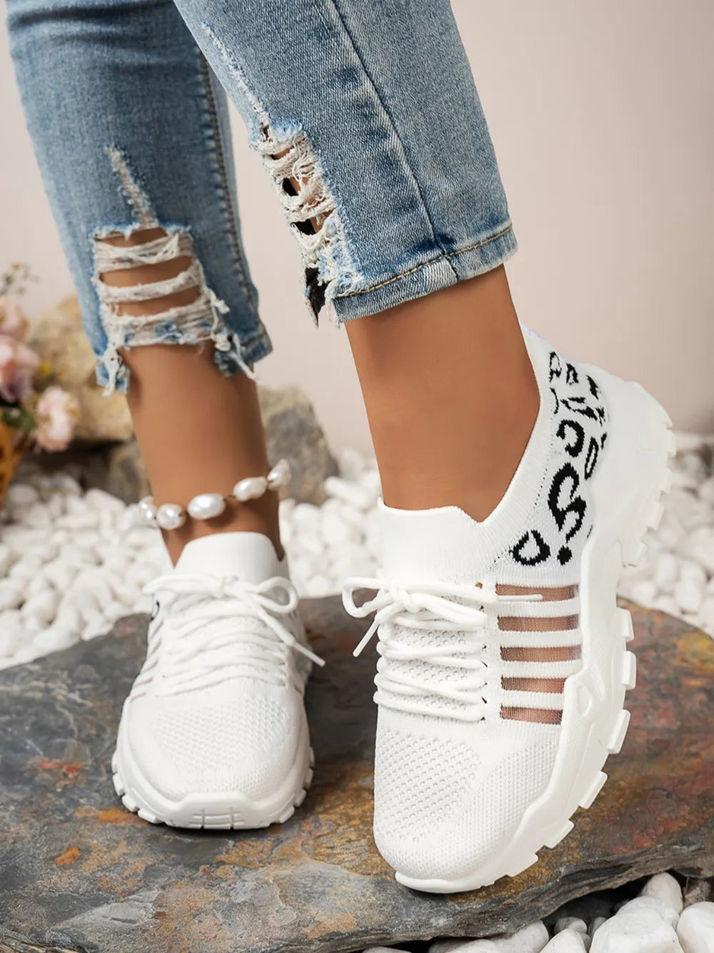 Cutout Leopard Lace Up Mesh Athletic Black / 36(US5) 