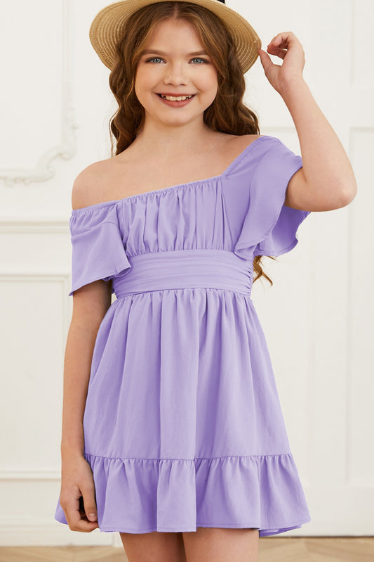 Ruffle Hem Tie-Back Flutter Sleeve Dress Lavender / S 