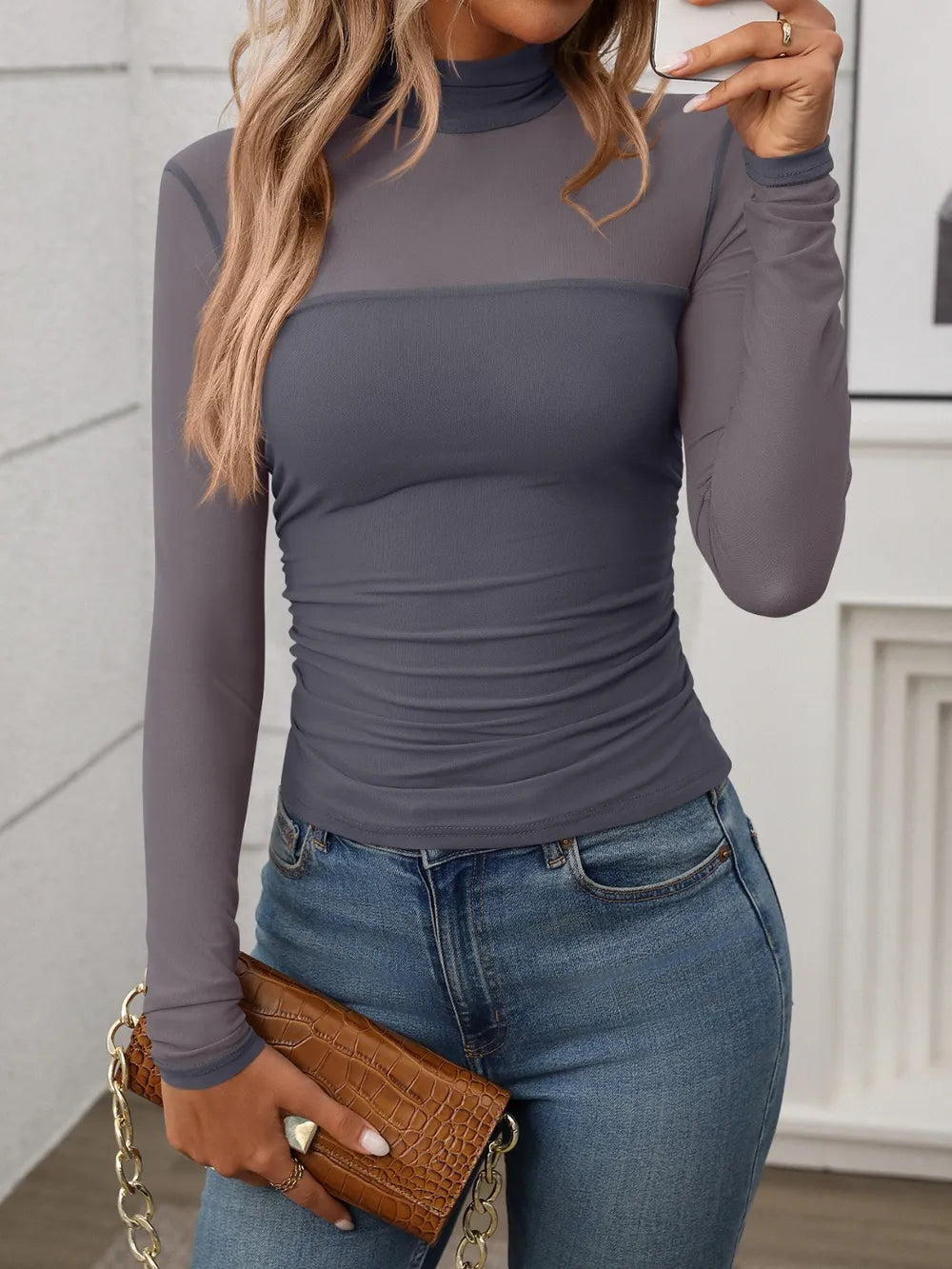 Mock Neck Long Sleeve Top Black / S 