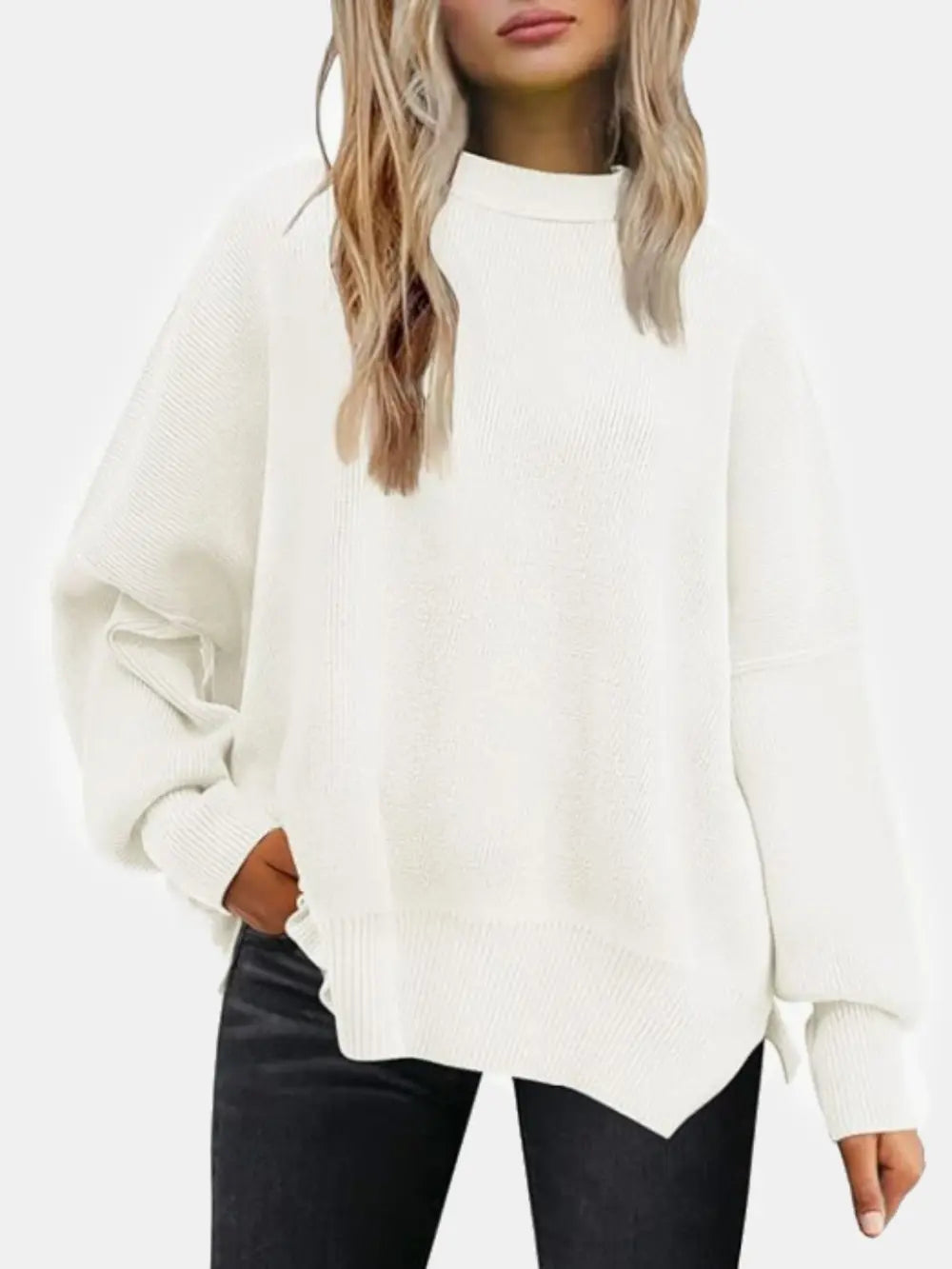 Round Neck Drop Shoulder Slit Sweater Sage / S 