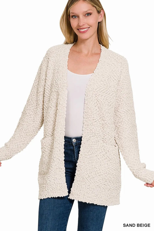 Zenana Long Sleeve Popcorn Sweater Cardigan with Pockets SAND BEIGE / S 