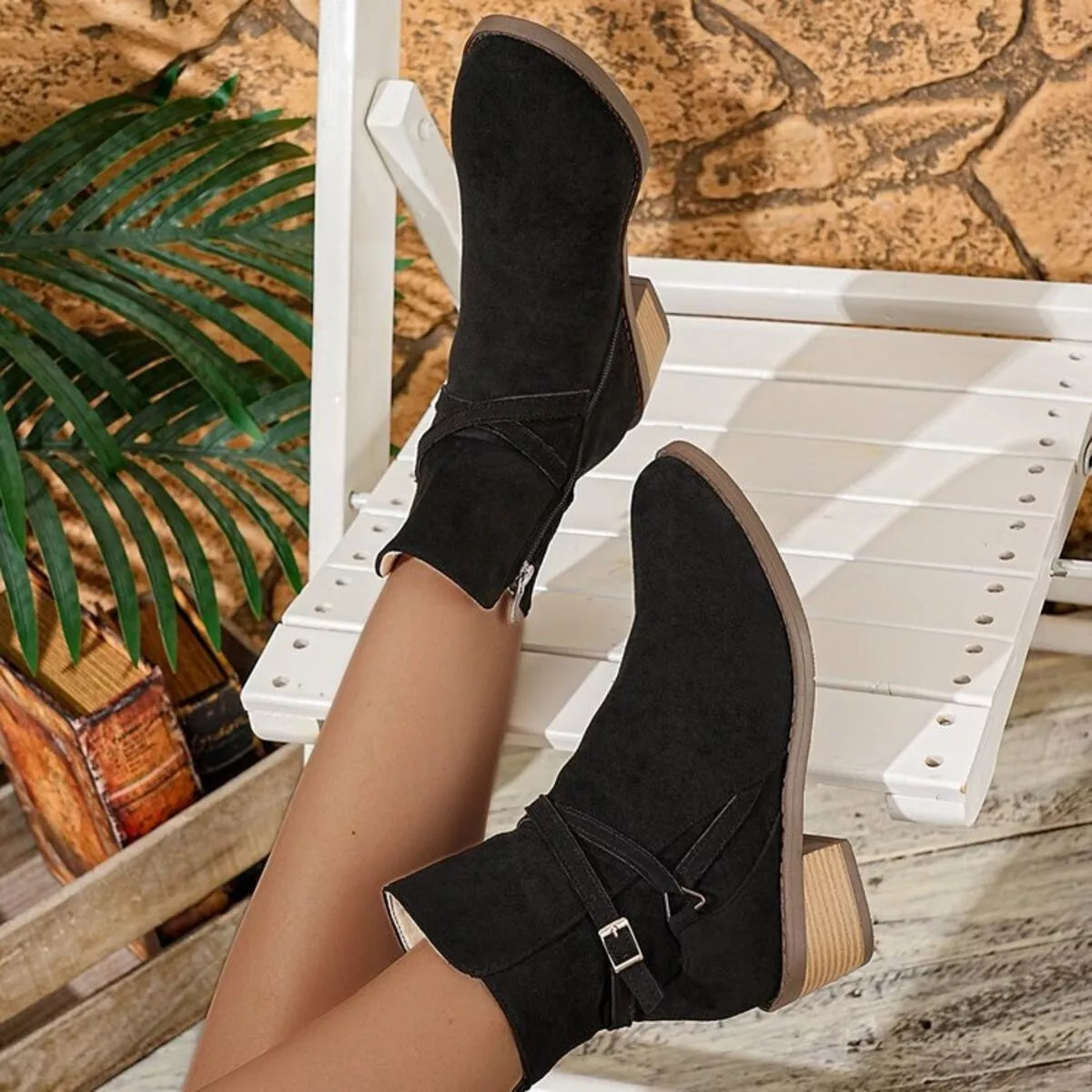 Side Zip Block Heels Boots Black / 36 