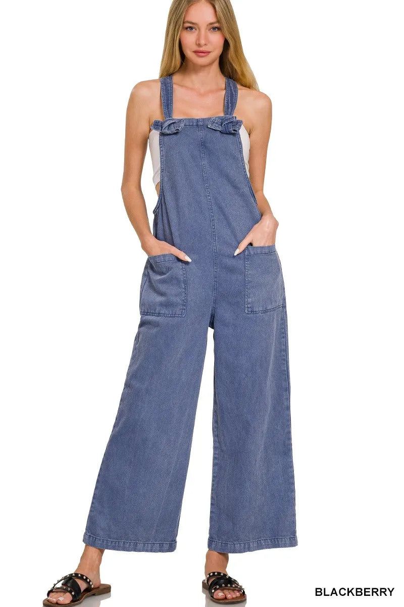 Zenana Washed Knot Strap Pockets Jumpsuit BLACKBERRY / S 