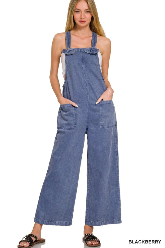 Zenana Washed Knot Strap Pockets Jumpsuit BLACKBERRY / S 