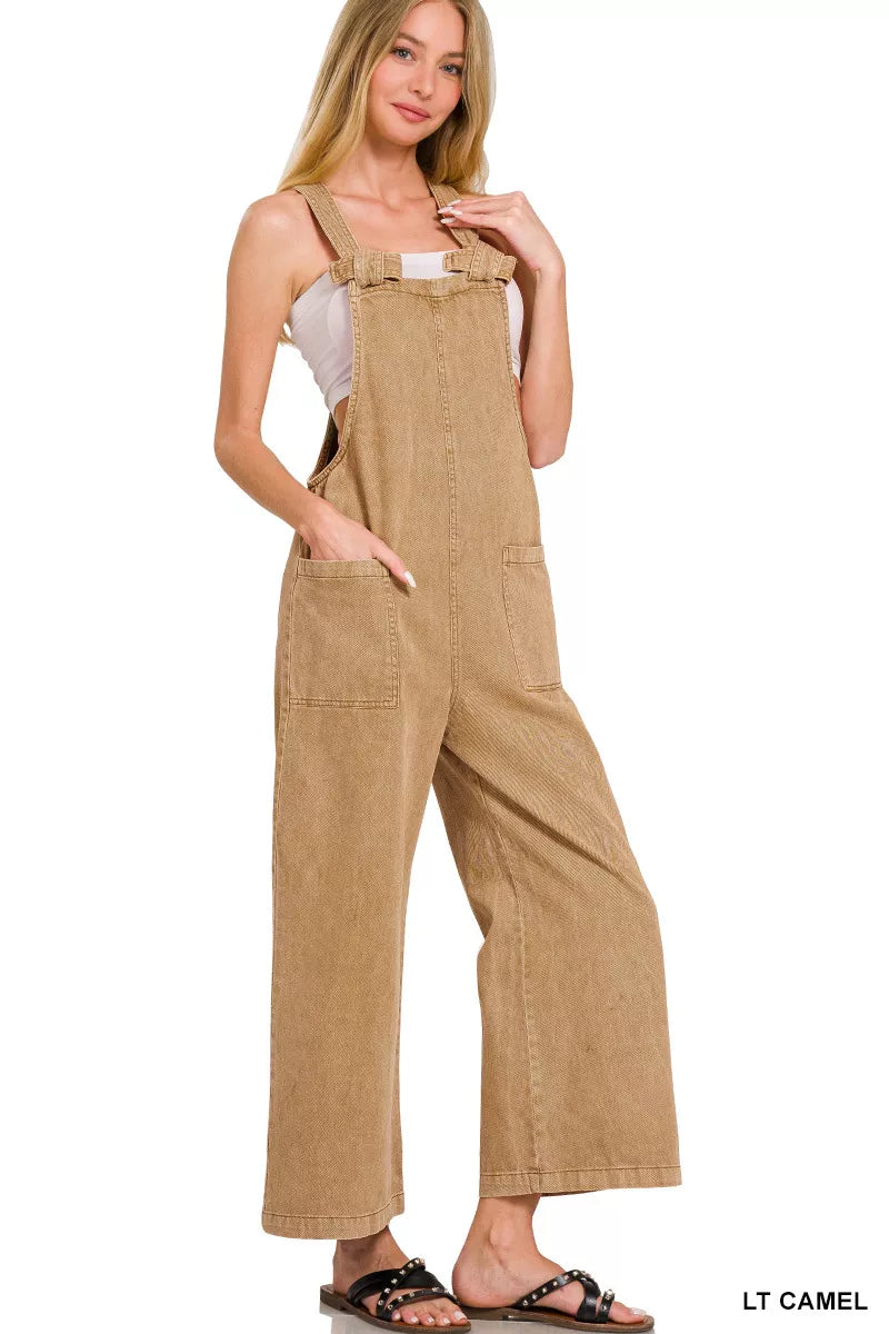 Zenana Washed Knot Strap Pockets Jumpsuit LT CAMEL / S 
