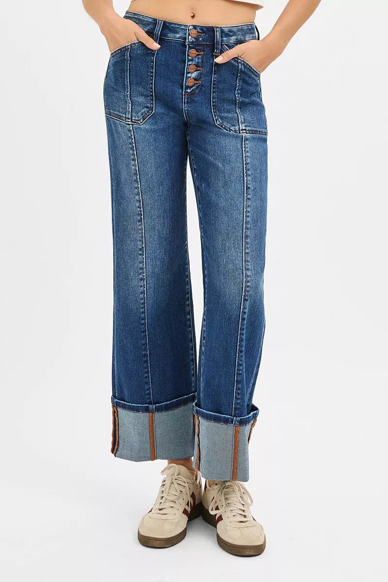 RISEN Full Size High Rise Crop Wide Straight Cuffed Jeans Plus Size DARK / 0 
