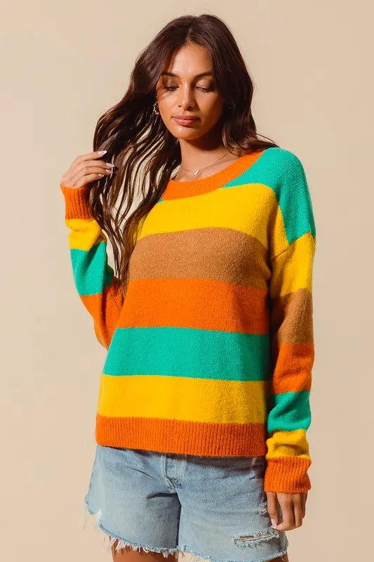 SO ME Multi Color Stripe Sweater with Ribbed Detail RUS/JAD/MUST/COFF / S 