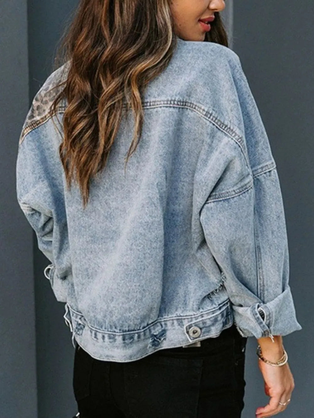 Distressed Leopard Drop Shoulder Denim Jacket Leopard / S 