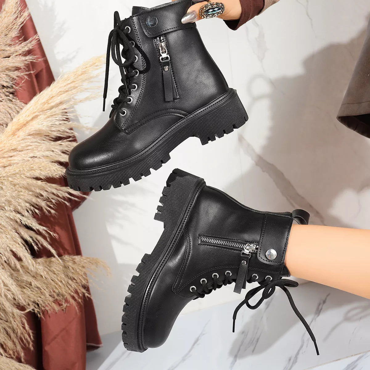 Round Toe Block Heels Boots Black / 35 