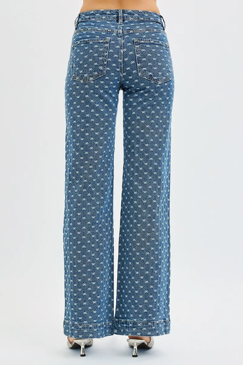 RISEN High Rise Wide Leg Bow Embroidered Jeans DARK / 0 