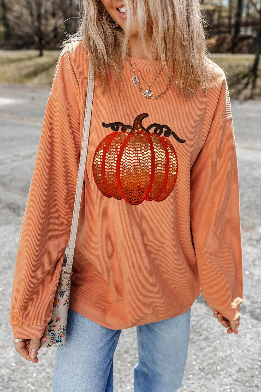Sequin Pumpkin Round Neck Long Sleeve Sweatshirt Sherbet / S 