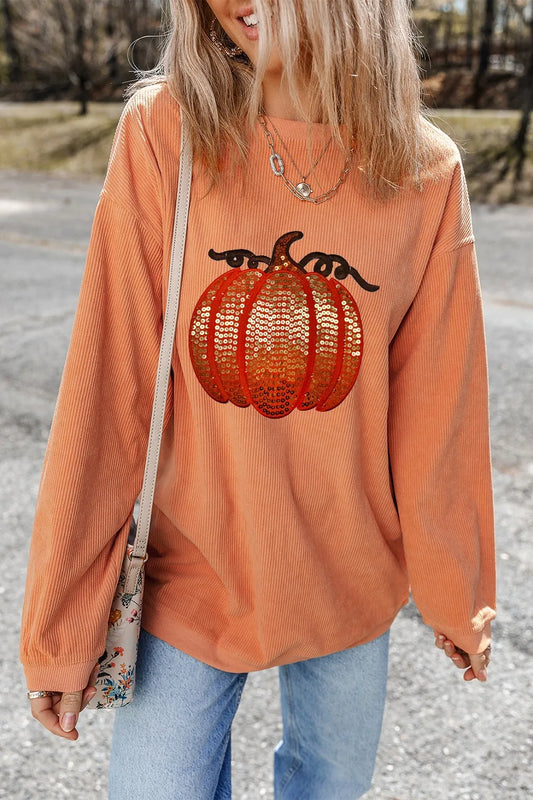 Sequin Pumpkin Round Neck Long Sleeve Sweatshirt Sherbet / S 