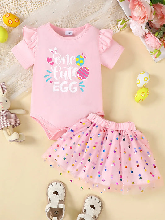Children's Ruffled Graphic Bodysuit and Skirt Set Blush Pink / 0-3M 