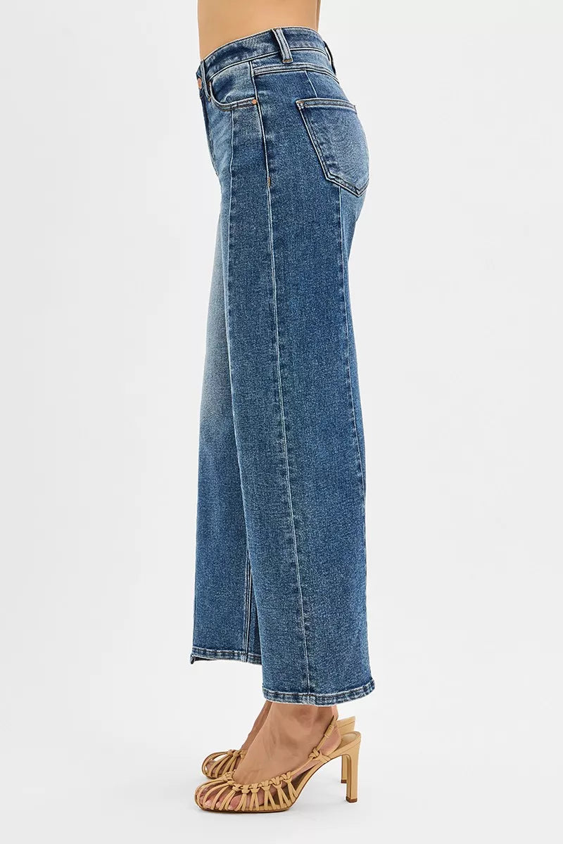 RISEN High Rise Crop Wide Leg Jeans with Step Hem DARK / 0 