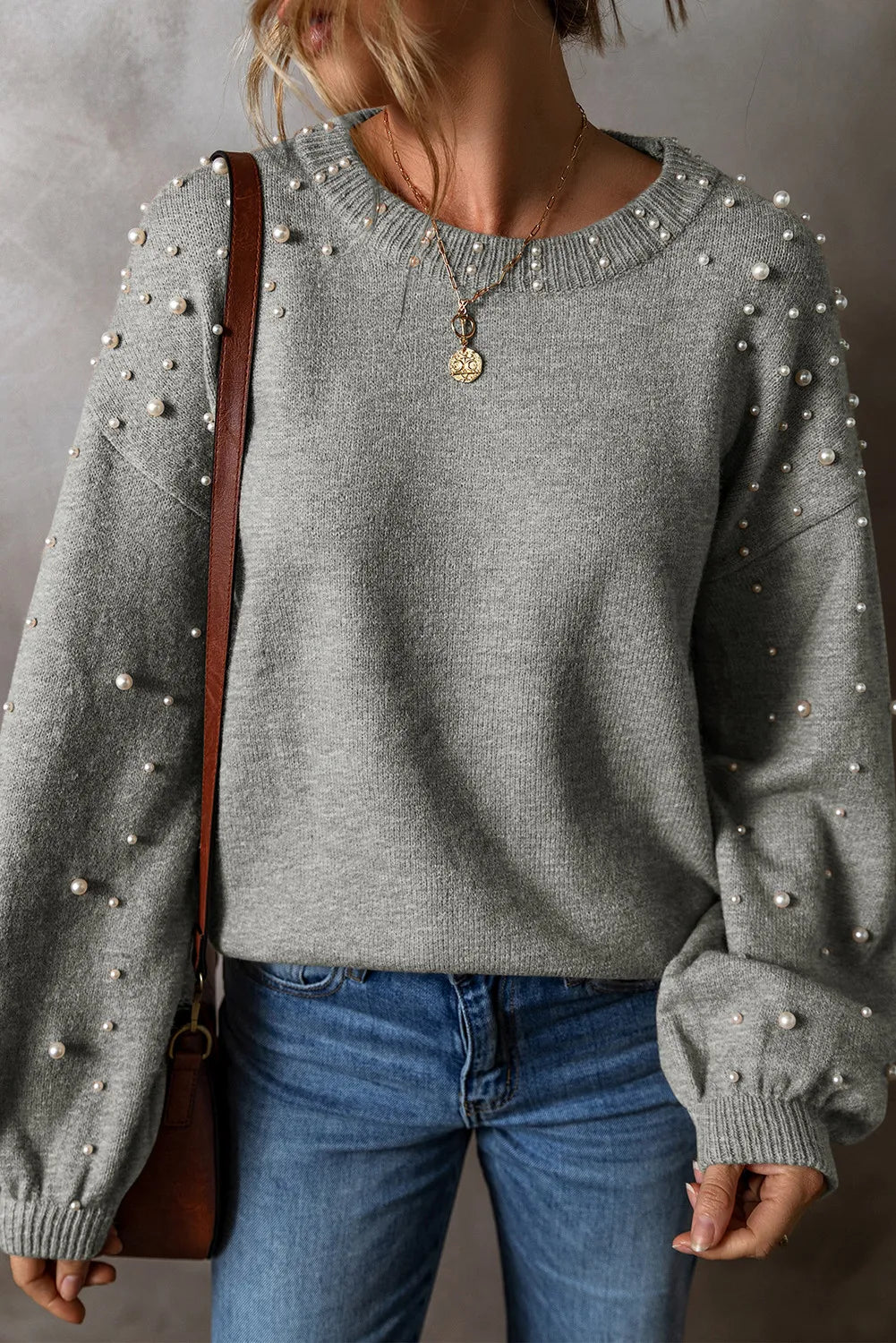Pearl Detail Round Neck Long Sleeve Sweater Black / S 