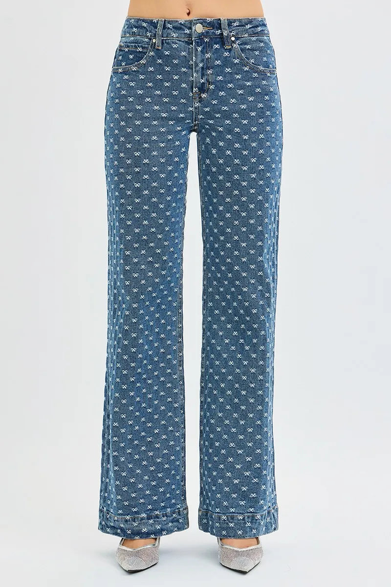 RISEN High Rise Wide Leg Bow Embroidered Jeans DARK / 0 
