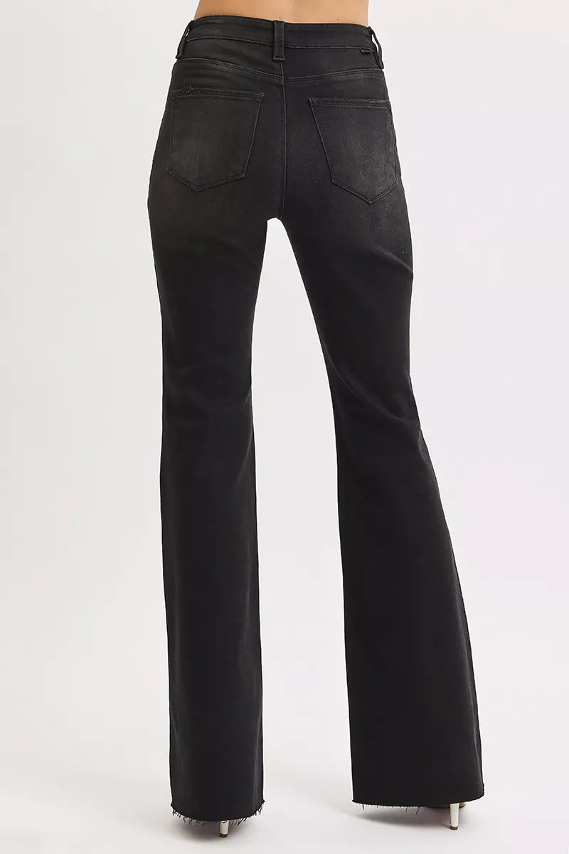 RISEN Full Size High Rise Flare Raw Cut Hem Jeans Plus Size BLACK / 0 