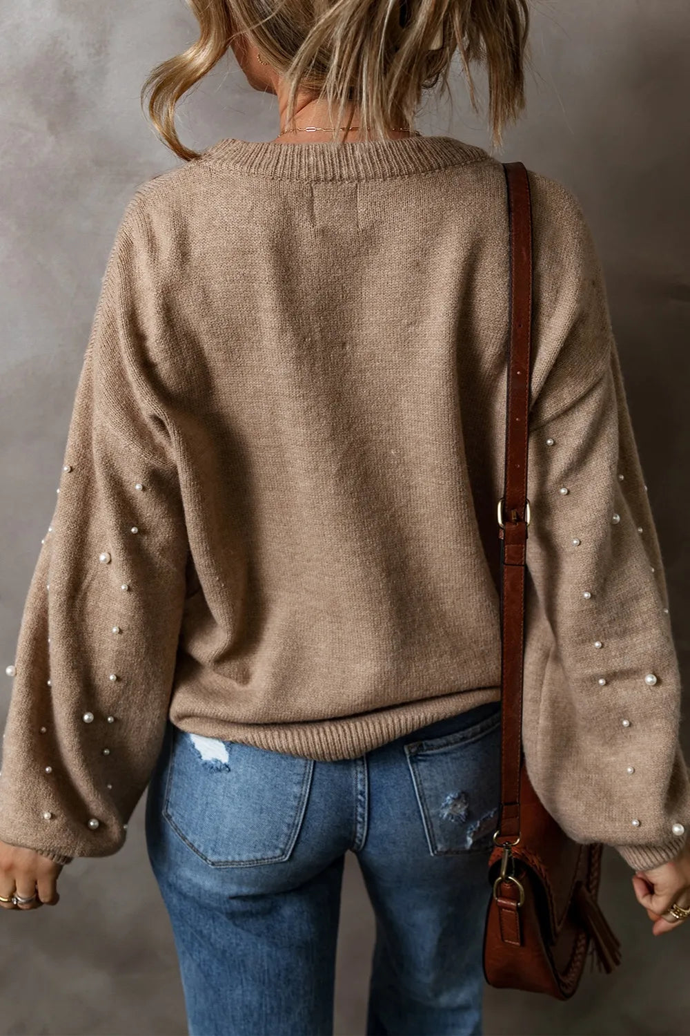Pearl Detail Round Neck Long Sleeve Sweater Black / S 