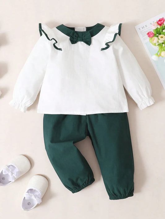 Children's Contrast Ruffled Top and Pants Set White/Green / 12-18M 