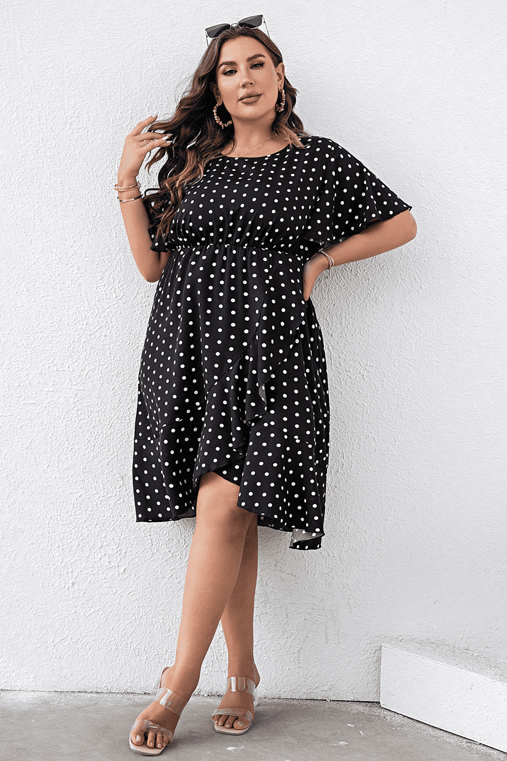 Plus Size Polka Dot Flutter Sleeve Dress Black / 1XL 