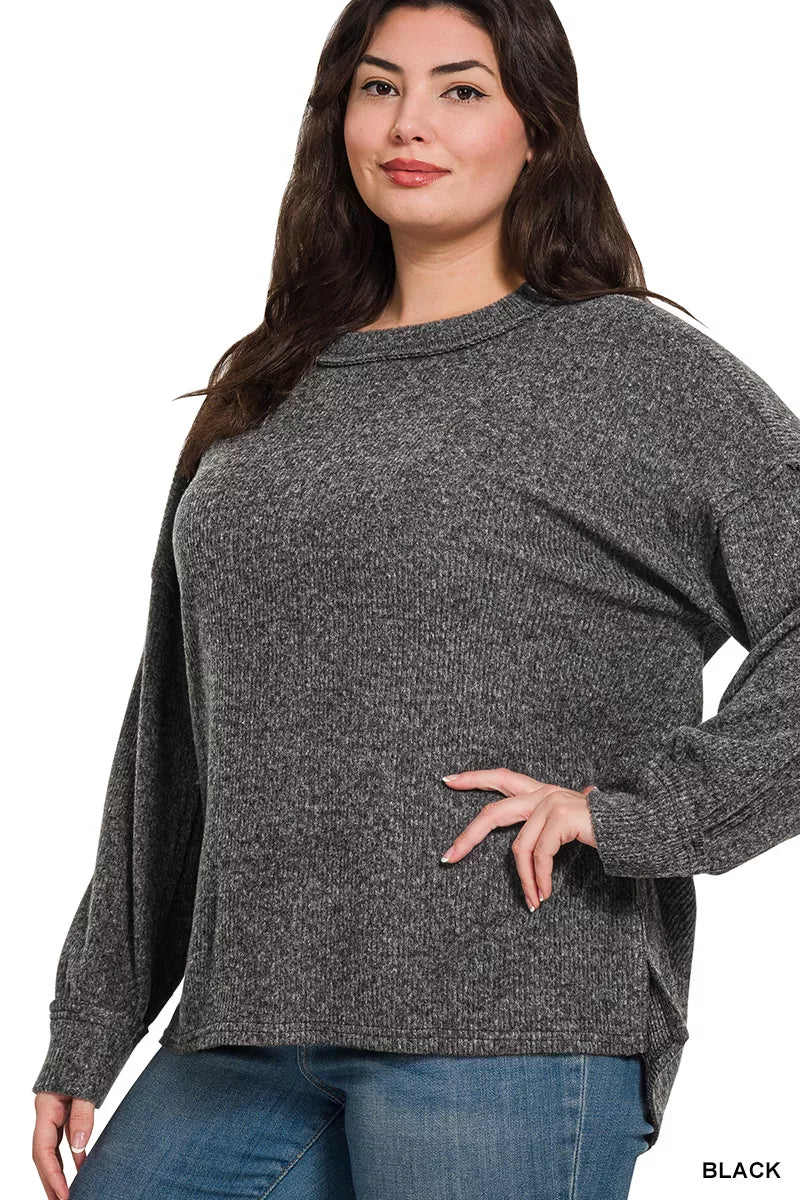 Zenana Full Size Brushed Ribbed Hacci Drop Shoulder Sweater Plus Size BLACK / S/M 