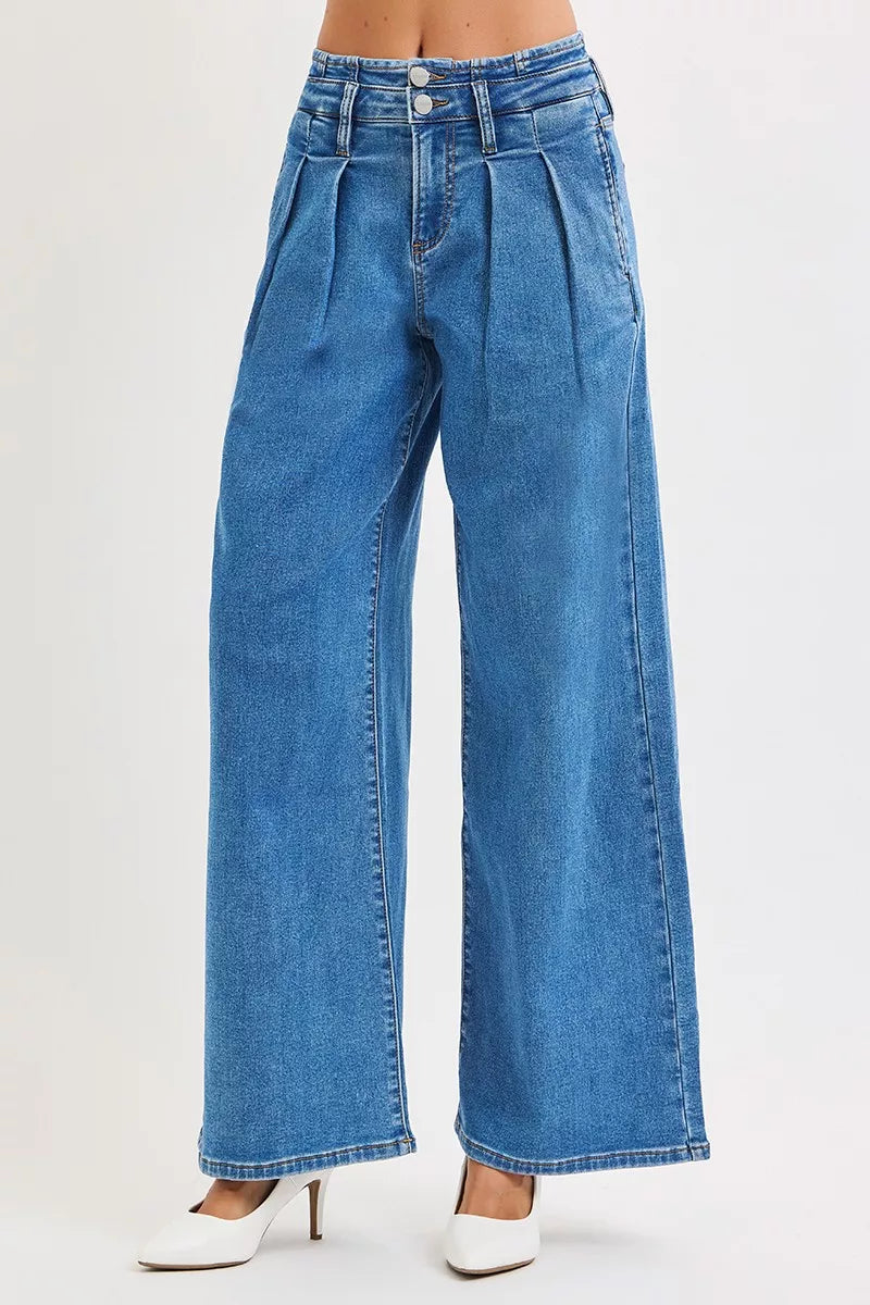 RISEN Full Size Mid Rise Fit Wide Leg with Pleated Detail Jeans Plus Size MEDIUM / 0 