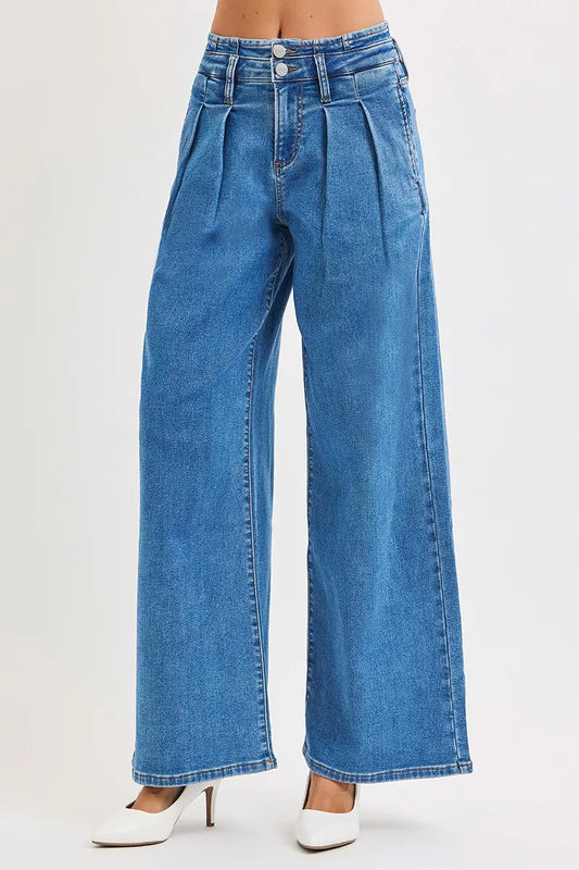RISEN Full Size Mid Rise Fit Wide Leg with Pleated Detail Jeans Plus Size MEDIUM / 0 
