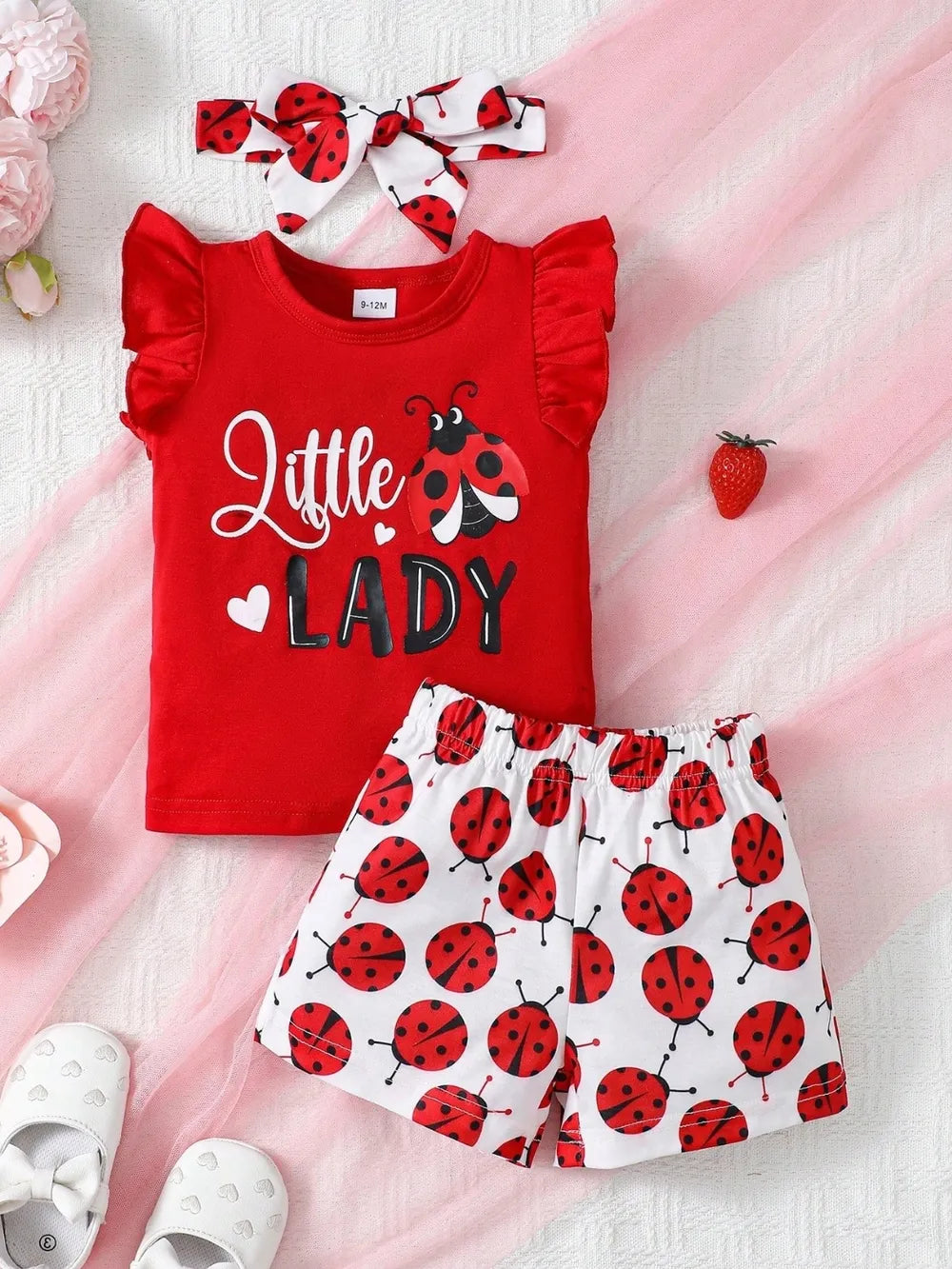 Children's Headband, Round Neck Ruffle Sleeve Top and Pants Set Red / 6-9M 