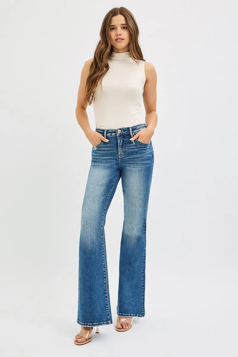 RISEN Full Size Tummy Control High Rise Flare Jeans Plus Size DARK / 0 