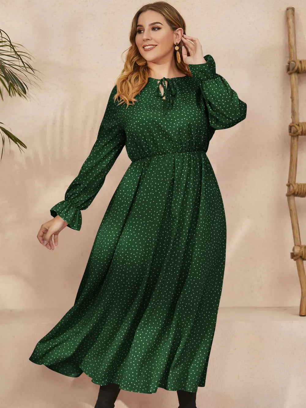 Honey Plus Size Ruffled Polka Dot Long Sleeve Midi Dress Navy / 0XL 