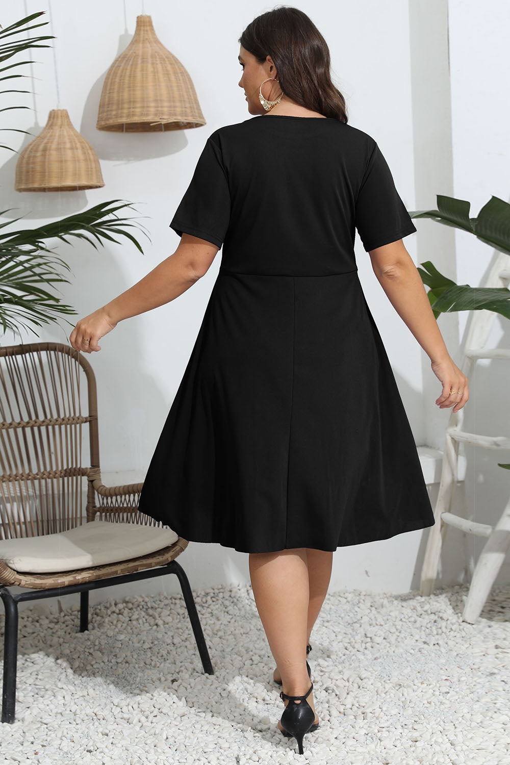Plus Size Round Neck Openwork Dress Deep Red / L 