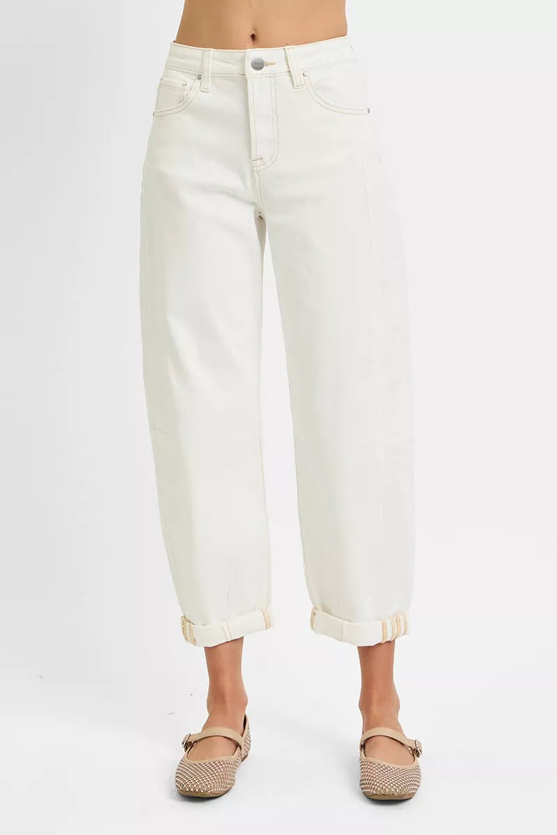 RISEN Full Size High Rise Barrel Cropped Jeans Plus Size CREAM / 0 