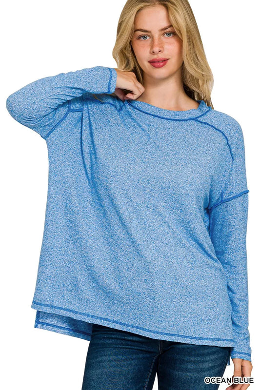 Zenana Full Size Melange Hacci Exposed Seam Hi-low Tee Plus Size OCEAN BLUE / S/M 
