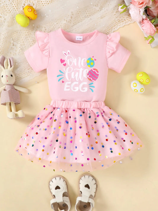 Children's Ruffled Graphic Bodysuit and Skirt Set Blush Pink / 0-3M 