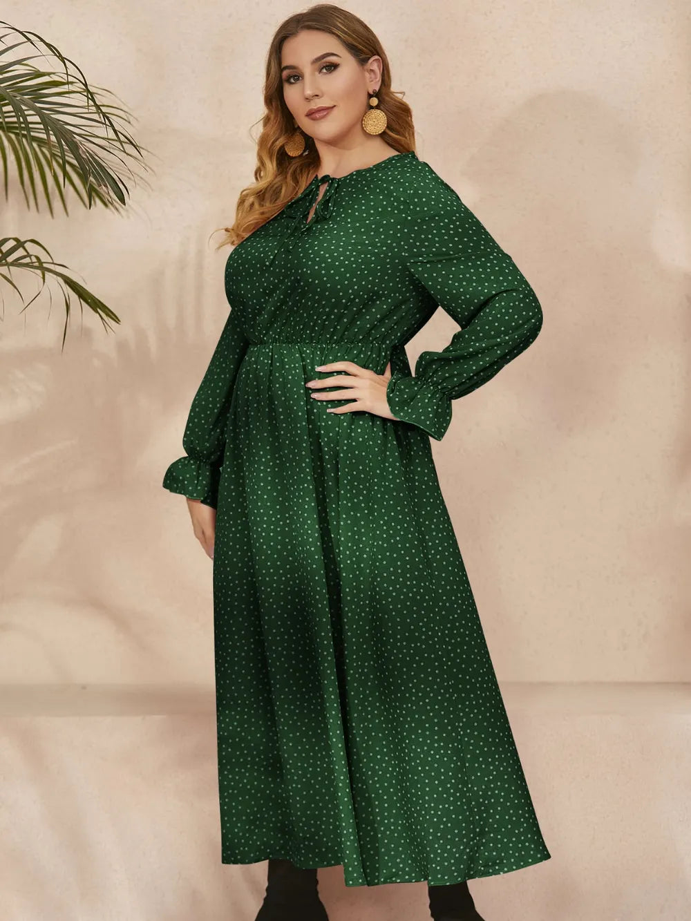 Honey Plus Size Ruffled Polka Dot Long Sleeve Midi Dress Navy / 0XL 