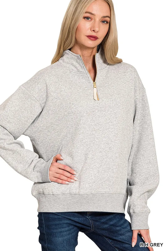 Zenana Fleece Half Zip Sweatshirt R H GREY / S 