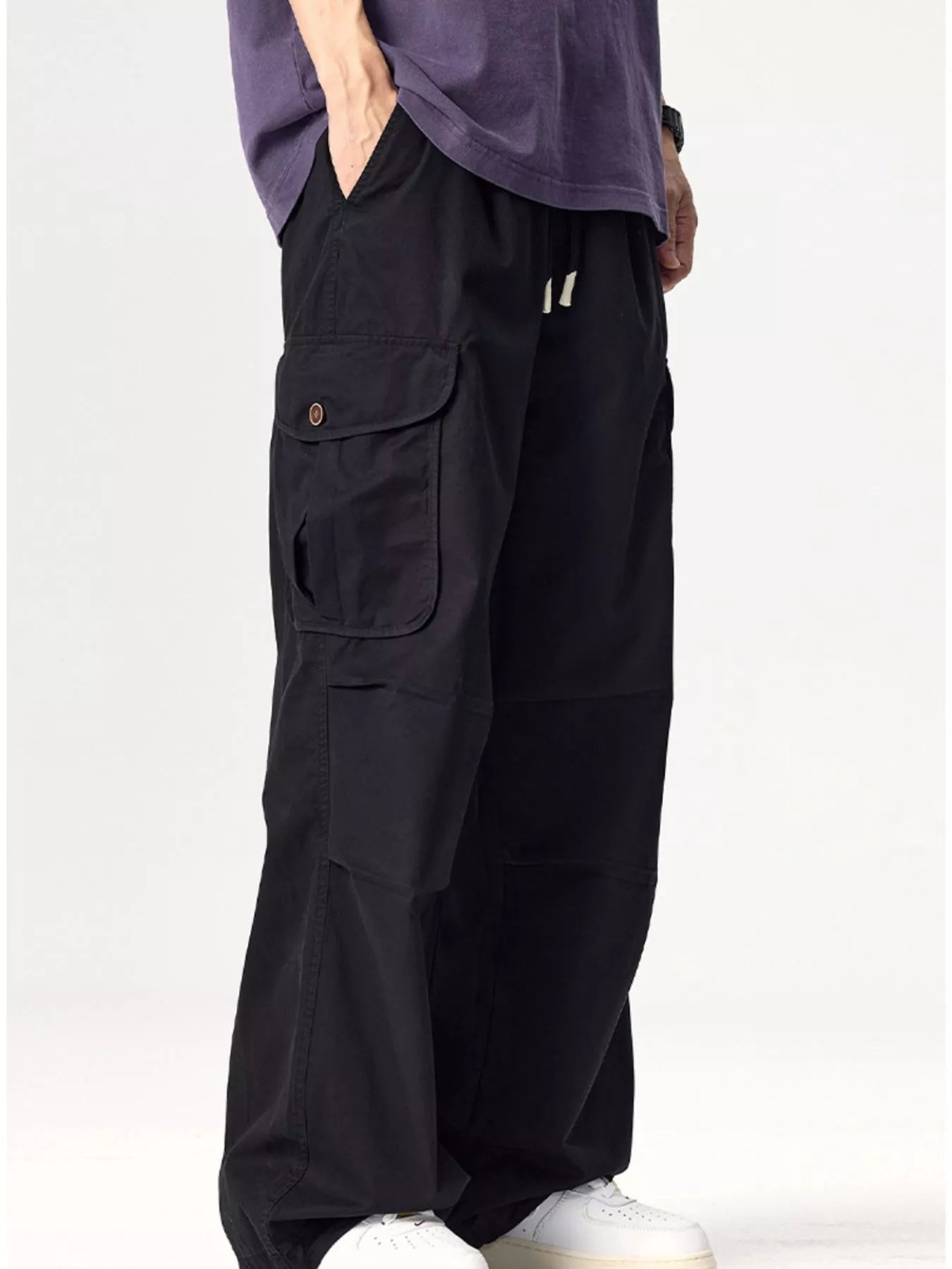 Men's Plus Size Drawstring Wide Leg Cargo Pants Deep Khaki / M 