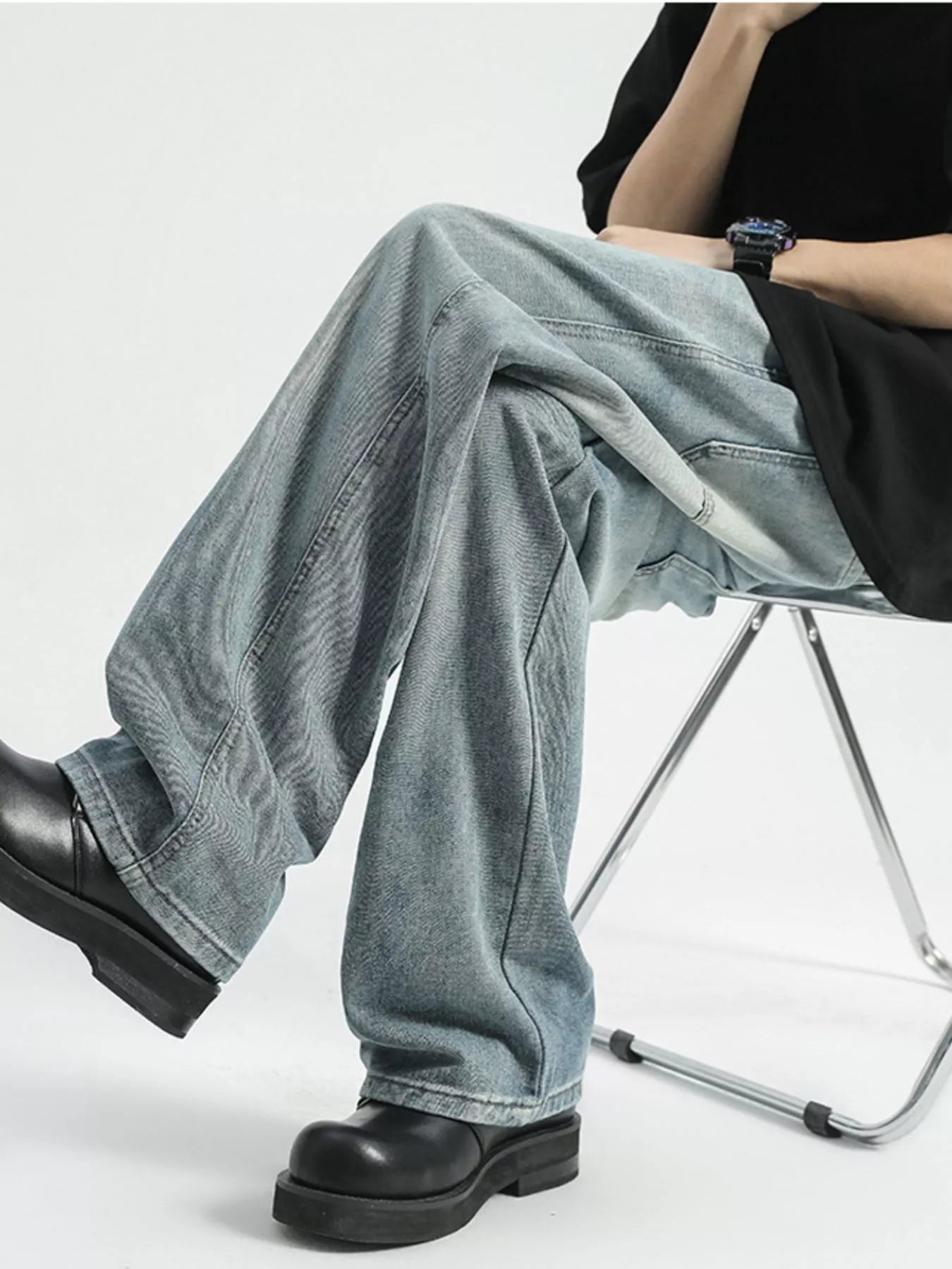 Men's Full Size Washed Wide Leg Drawstring Jeans Plus Size Polished Gray / S 