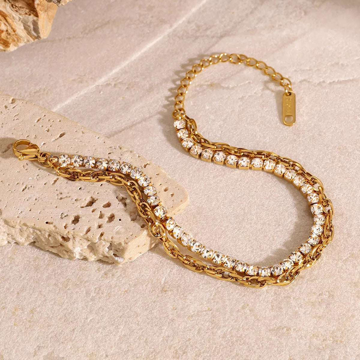 18K Gold-Plated Rhinestone Double Layered Bracelet Gold / One Size 