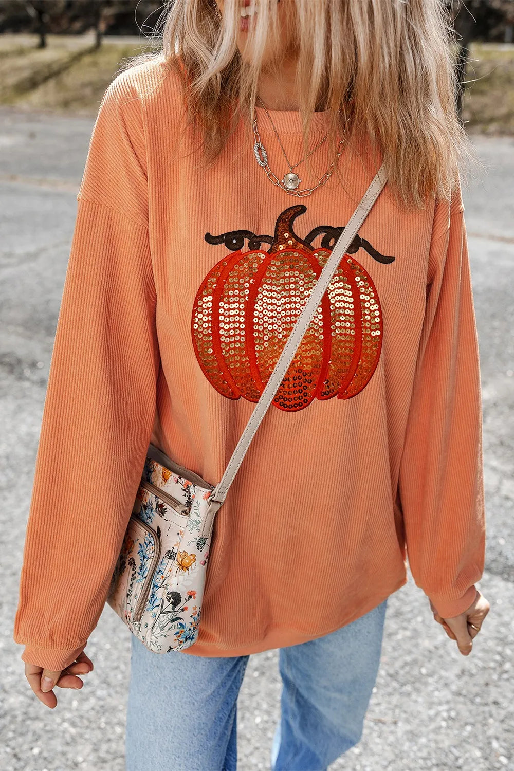 Sequin Pumpkin Round Neck Long Sleeve Sweatshirt Sherbet / S 