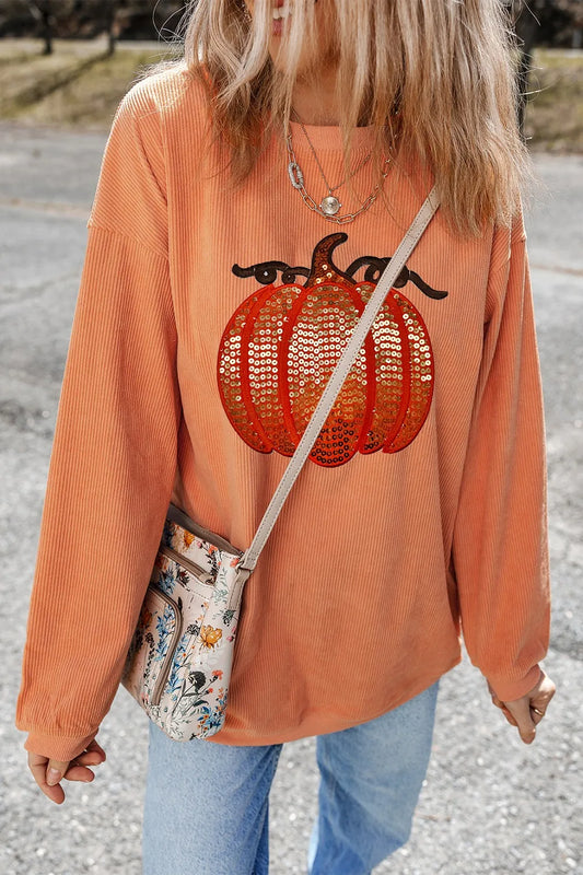 Sequin Pumpkin Round Neck Long Sleeve Sweatshirt Sherbet / S 