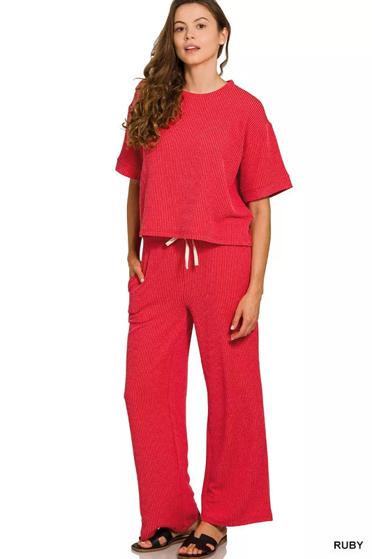 Zenana Raised Rib Short Sleeve Tee & Pants Set RUBY / S 