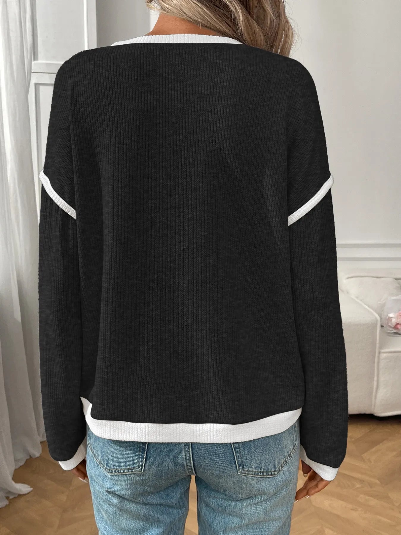 Ribbed Contrast Trim Long Sleeve Top Blush Pink / S 