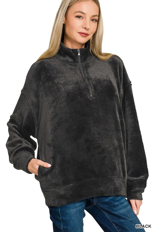 Zenana Faux Fur Half Zip Pocket Pullover BLACK / S 