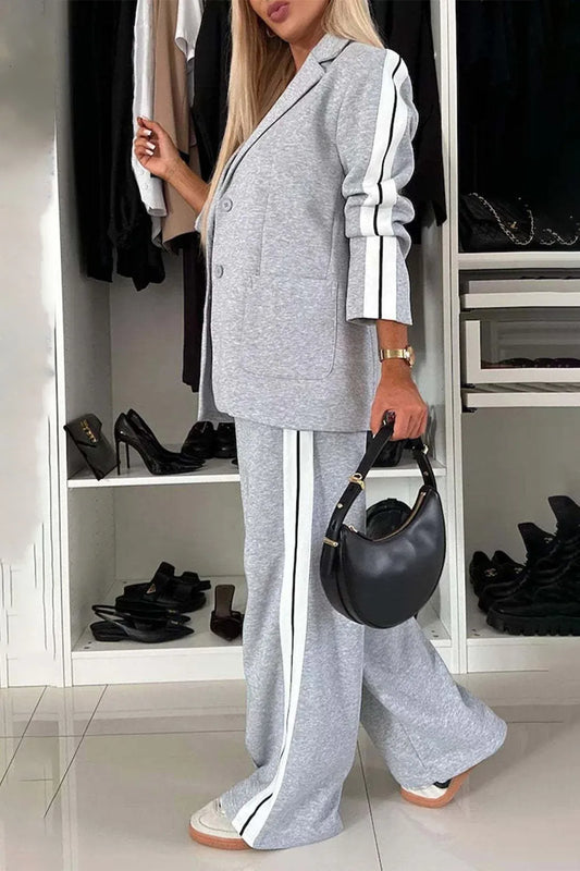 Full Size Contrast Lapel Collar Top and Pants Set Light Gray / S 