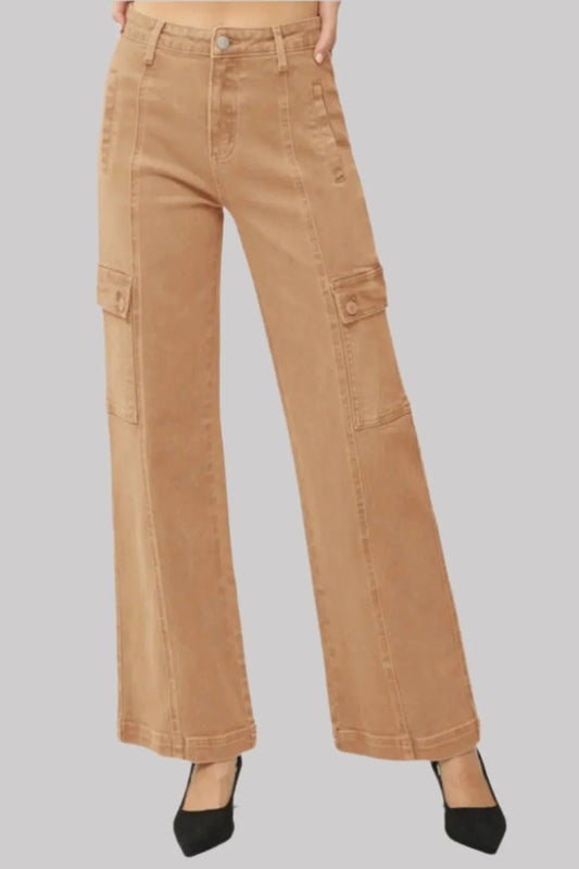 RISEN Full Size High Rise Wide Leg Cargo Jeans Cocoa / 0(24) 
