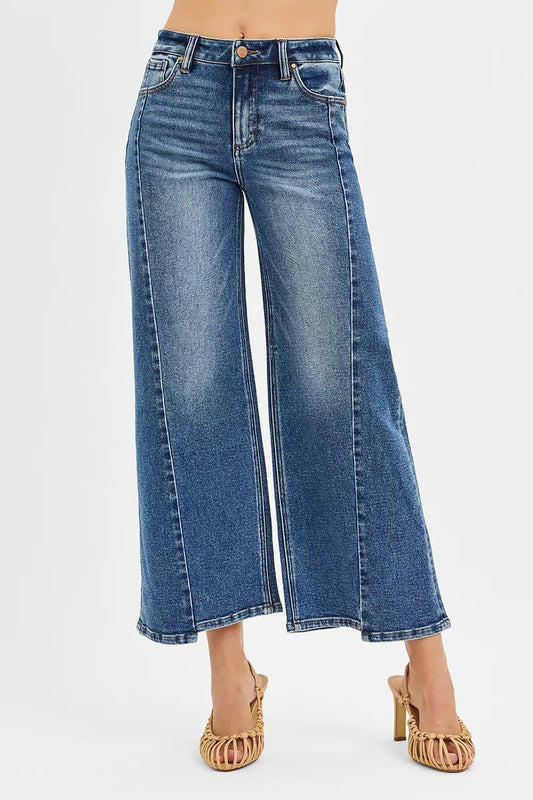 RISEN High Rise Crop Wide Leg Jeans with Step Hem DARK / 0 